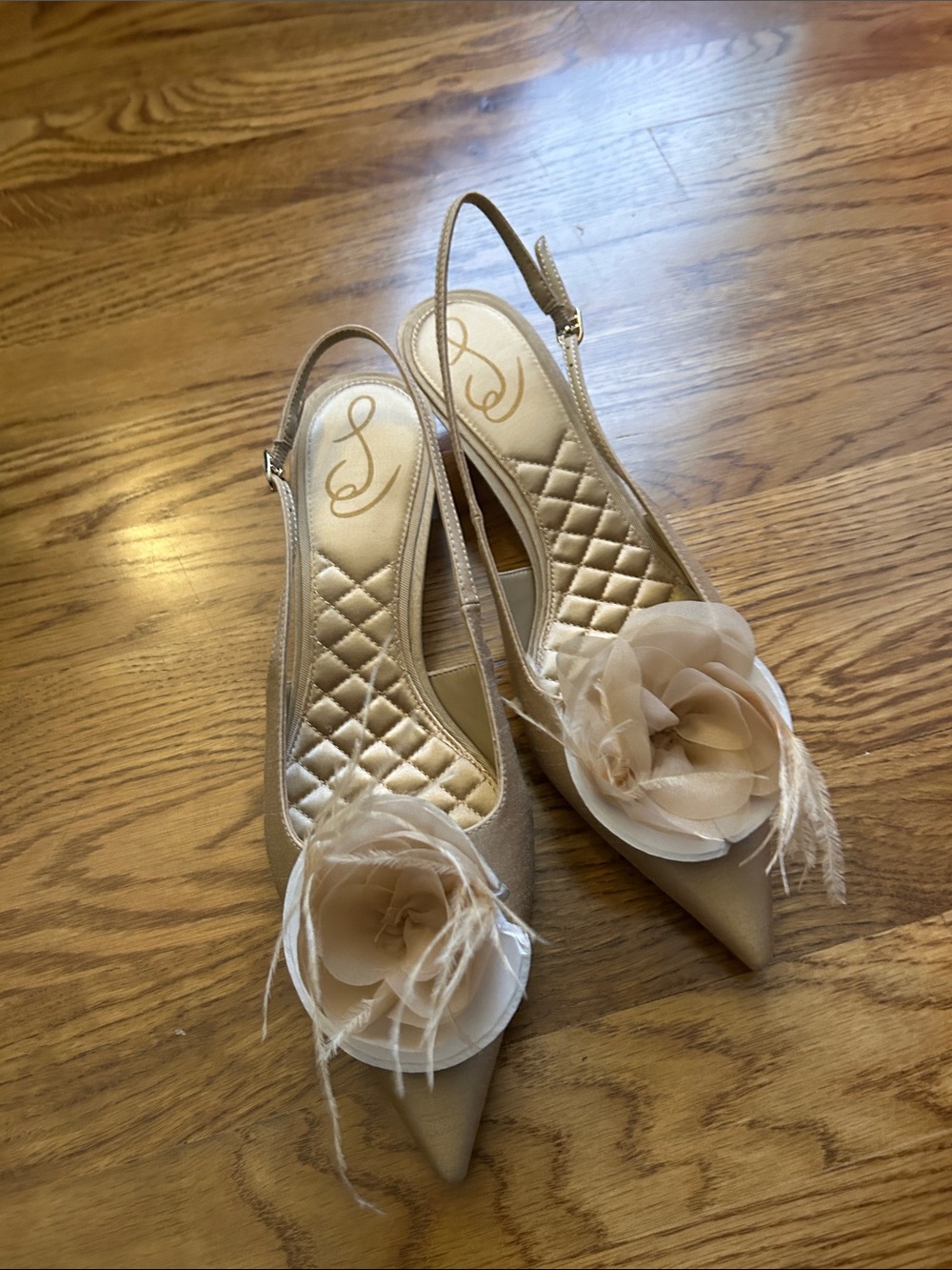 Sam Edelman Champagne Satin Slingback Heels with Floral Accent